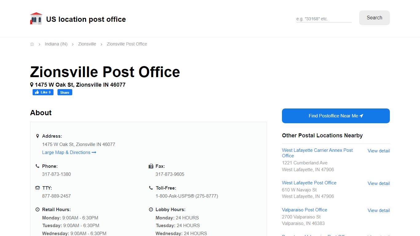 Zionsville Post Office, IN 46077 - Hours Phone Service and Location
