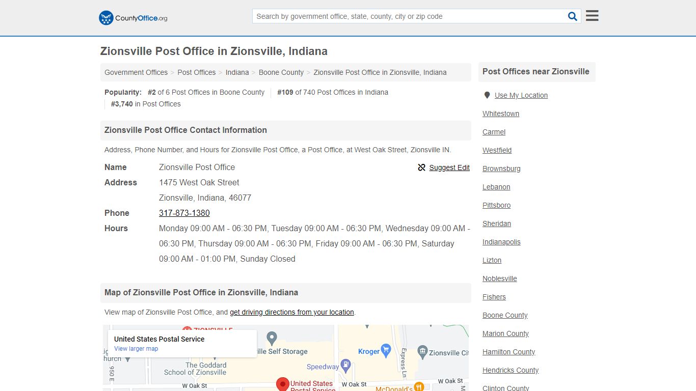 Zionsville Post Office - Zionsville, IN (Address, Phone, and Hours)