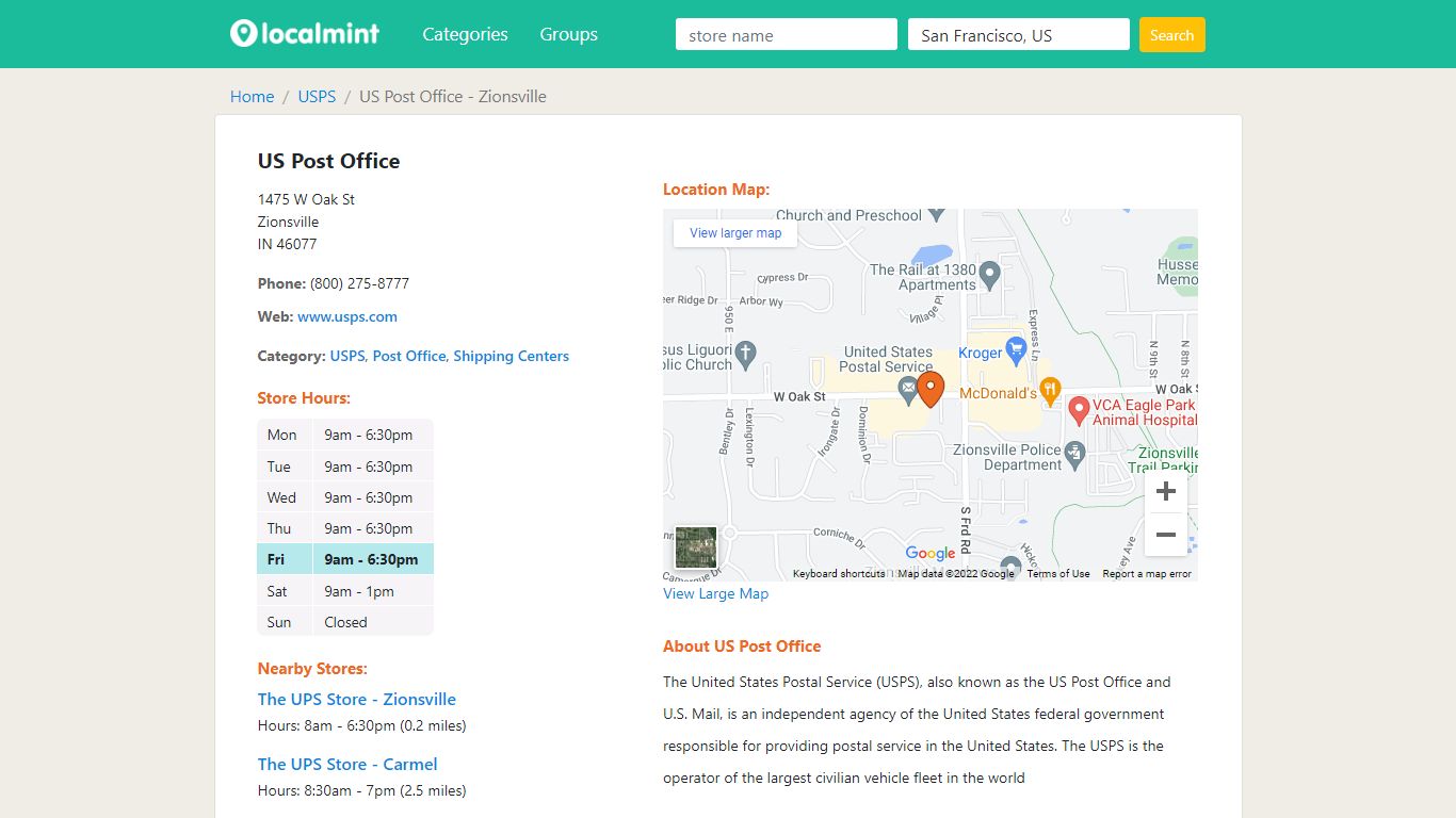 US Post Office in Zionsville, IN, Store Hours - Localmint