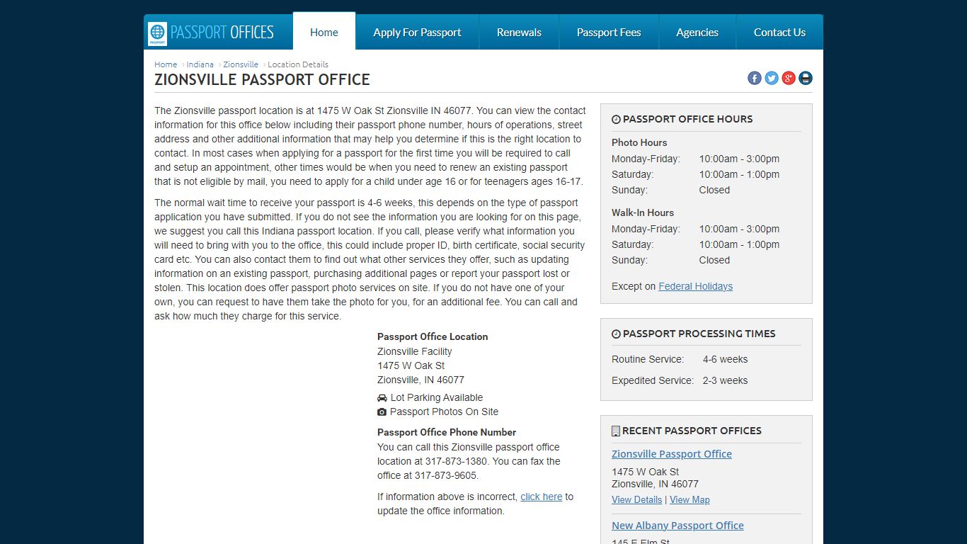 Zionsville Passport Office at 1475 W Oak St Zionsville Indiana 46077